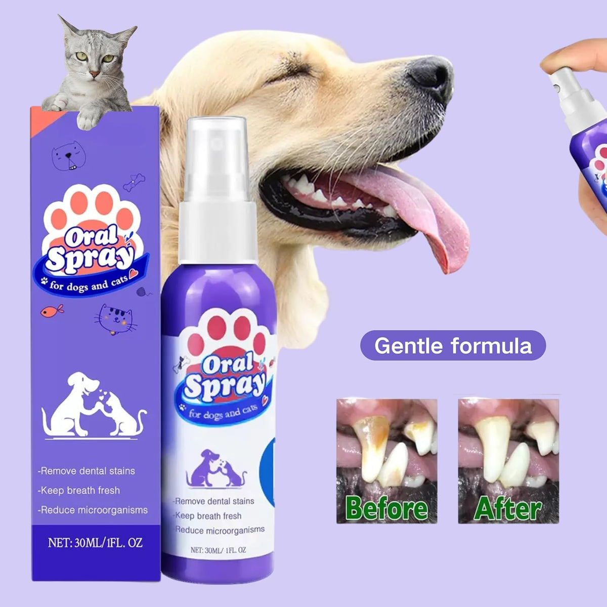 Cat & Dog Dental Cleaning Spray — Removes Tartar Stains, Freshens Breath, Pet Oral Care Spray